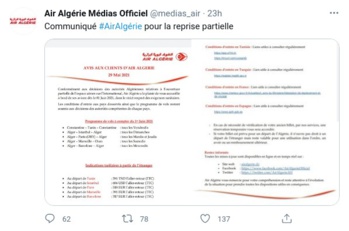 Air Algérie détaille les dispositions de réouverture partielle des frontières aériennes à partir du 1er juin en Algérie Air Algérie détaille les dispositions de réouverture partielle des frontières aériennes à partir du 1er juin en Algérie