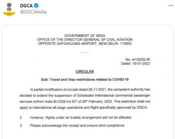 Inde : Suspension des liaisons commerciales internationales de passagers jusqu’au 28 février Inde : Suspension des liaisons commerciales internationales de passagers jusqu’au 28 février