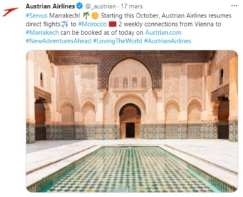 Austrian Airlines relance la liaison Vienne-Marrakech Austrian Airlines relance la liaison Vienne-Marrakech