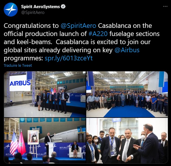 Maroc : Spirit AeroSystems lance la production des sections de fuselage de l'A220 à Casablanca
