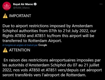 Les vols Royal Air Maroc reliant Casablanca à Amsterdam sont transférés jusqu'au 21 juillet Les vols Royal Air Maroc reliant Casablanca à Amsterdam sont transférés jusqu'au 21 juillet