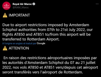 Les vols Royal Air Maroc reliant Casablanca à Amsterdam sont transférés jusqu'au 21 juillet