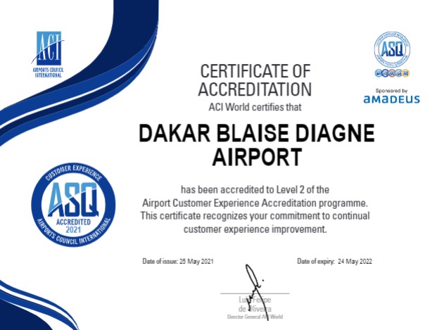 Sénégal: L’Aéroport Dakar Blaise Diagne accrédité niveau 2 par ACI ASQ Airport Customer Experience