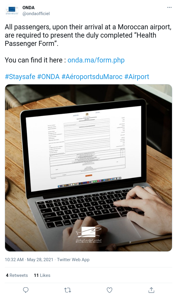 L'Office National Des Aéroports recommande le renseignement en ligne de la Fiche Sanitaire du passager