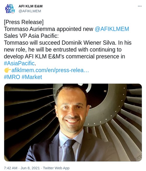 AFI KLM E&M : Le PDG d'Aerotechnic Industries nommé vice-président des ventes Asie-Pacifique
