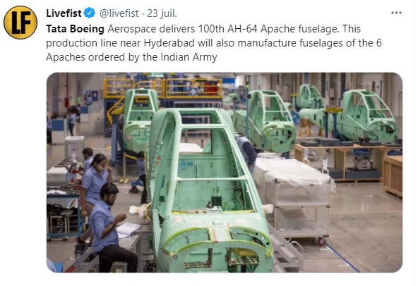 Tata Boeing Aerospace livre le 100e fuselage de l'AH-64 Apache