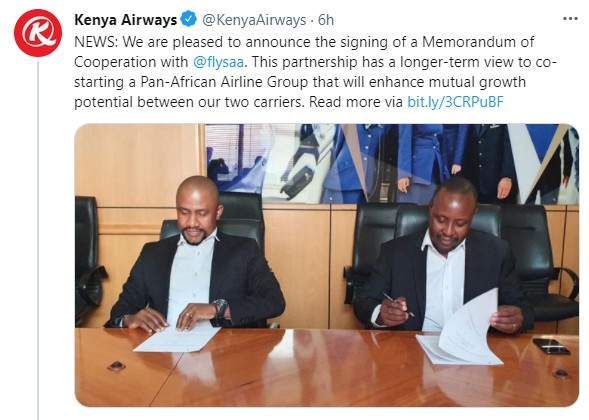 Kenya Airways et South African Airways signent un accord pour lancer un groupe aérien panafricain