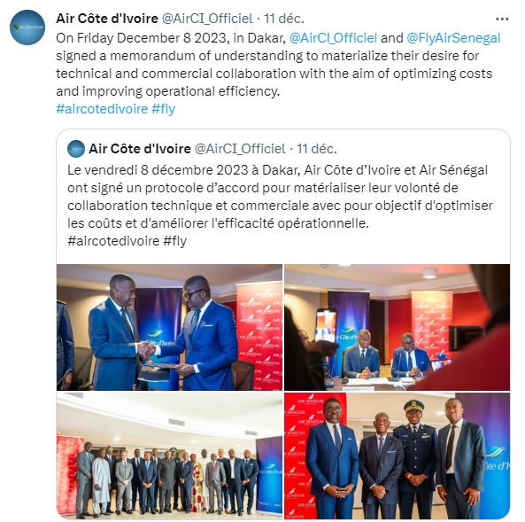 Air Sénégal et Air Côte d'Ivoire scellent un partenariat stratégique pour optimiser leurs réseaux et réduire les coûts opérationnels